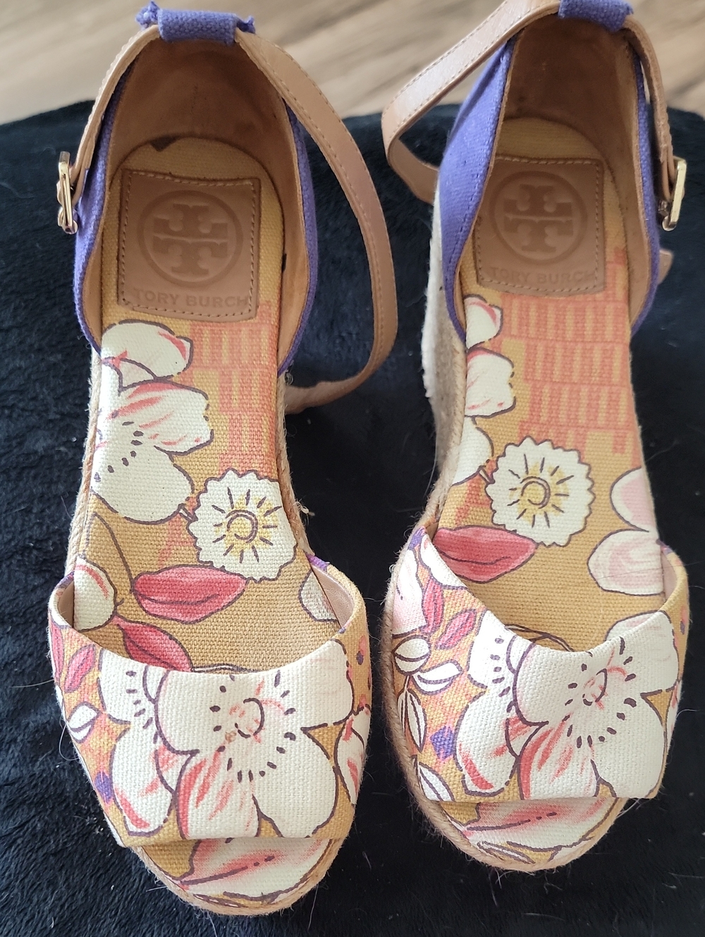 Tory Burch Floral Espadrille Wedges in Purple and Tan